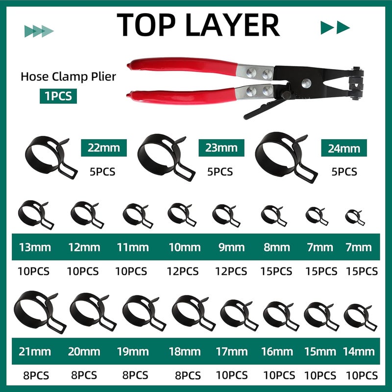 Riyhch 227pcs 6-38mm Spring Band Hose Clamp Assortment Kit with Swivel Flat Band Fuel Hose Clamp Plier,28 Sizes Spring Hose Clip Fuel Line Silicone Vacuum Hose Pipe Clamp, Air Hose Tube Water Pipe Fasteners - Image 5